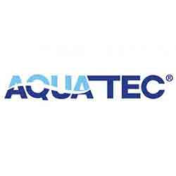 The image shows the logo for AQUATEC. The text "AQUA" is in light blue, with a wave pattern running through it, and the text "TEC" is in dark blue. The entire logo has a clean, modern look, emphasizing water and technology.