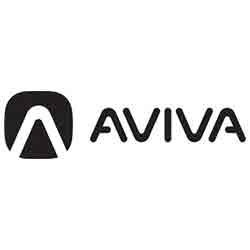 The image shows the Aviva logo, featuring a stylized "A" in a black square on the left, followed by the word "AVIVA" in bold, capitalized letters. The overall design is simple and modern.