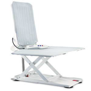 A white and blue adjustable bath lift chair with a padded seat and backrest. The chair features a handheld control unit with buttons for operation and sits on a sturdy base with mechanical lifting capabilities.