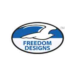 Logo for Freedom Designs featuring a stylized white bird in flight, outlined in blue within an oval shape. The company name "FREEDOM DESIGNS" is printed in capital letters below the bird, also in blue.