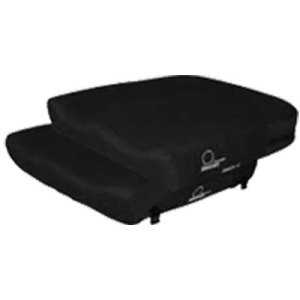 Black wheelchair cushion with a simple design, featuring layered padding for added comfort and support. The cushion is rectangular with slightly curved edges, designed to enhance ergonomics and provide pressure relief for the user.