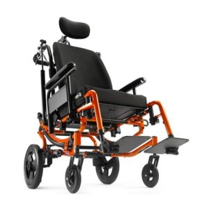 A brightly colored wheelchair featuring a vibrant orange frame. It has a padded black seat, backrest, and headrest, along with adjustable footrests. The wheelchair includes armrests and multiple small wheels, providing stability and ease of maneuverability.