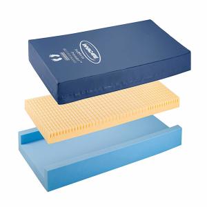 This image shows a layered illustration of a mattress. The top layer is a dark blue mattress cover, the middle layer is a yellow foam section, and the bottom layer is a blue foam base. Each layer is displayed separately to show the mattress composition.