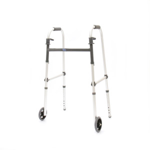 A lightweight, aluminum walker with two front wheels and two rear rubber tips for stability. It has adjustable height settings, black hand grips, and a central black crossbar for added support. The design allows for improved mobility and balance assistance.