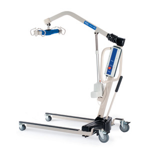 A medical patient lift with a sturdy metal frame, four wheels, and a blue control panel with buttons. The arm extends outward with padded handles and a sling attachment point, designed to assist in lifting and transferring patients with limited mobility.