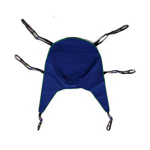 A blue fabric sling with six black adjustable straps extending from it in various directions. The sling has a curved top and a pointed bottom, designed to wrap around and support an object or person for lifting purposes.