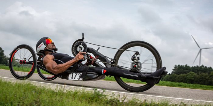 Showing focus and determination during a handcycle race