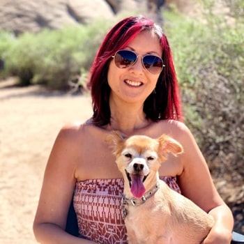 Kam with her furry best friend, Pippi, named after Pippi Longstocking